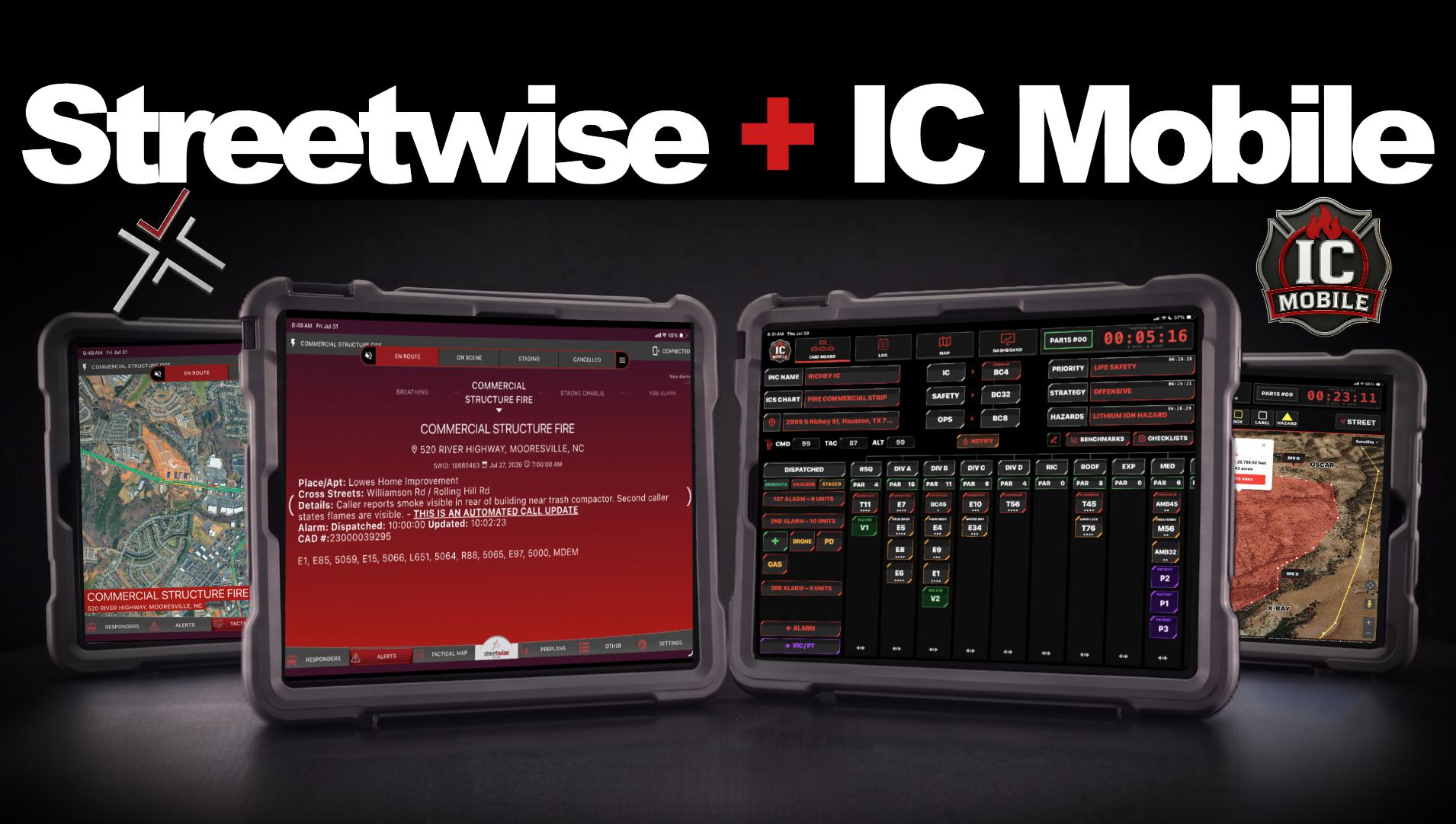 website-partner-2 image StreetWise plus IC Mobile: tablets showing StreetWise response mapping and call details alongside the IC Mobile command board and tactical map.